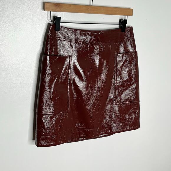 Anthropologie Maeve Skirt Faux Patient Leather Womens 4 Brown Pockets Mini - Picture 3 of 11